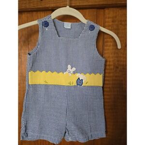Vintage Blue Gingham Bunny Easter Romper Baby Boy 6-9 Months Sleeveless Snaps